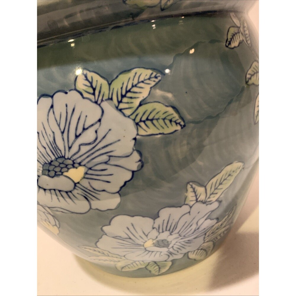 Vintage Jardiniere Porcelain Planter Blue Green Poppy Floral Pot Large 12X9.5